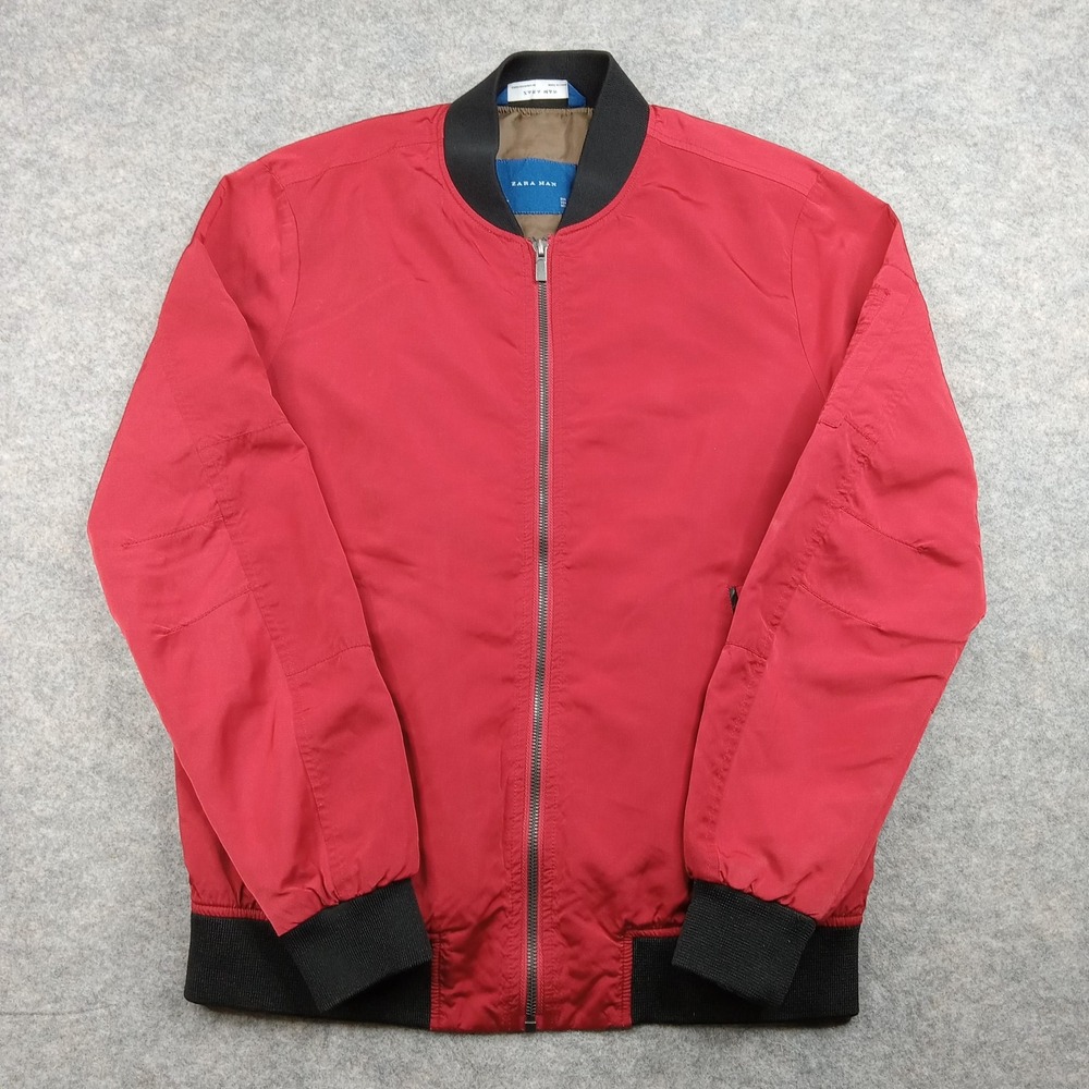 Zara Man Jacket Mens Medium Red Bomber Lightweight Full Zip Ribbed Trim Lined